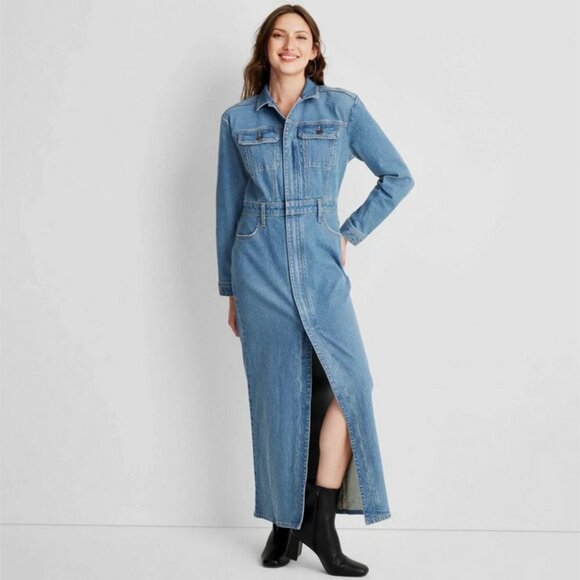Women's Long Sleeve Denim Maxi Shirtdress - Universal Thread Medium Wash 00 - Picture 1 of 3